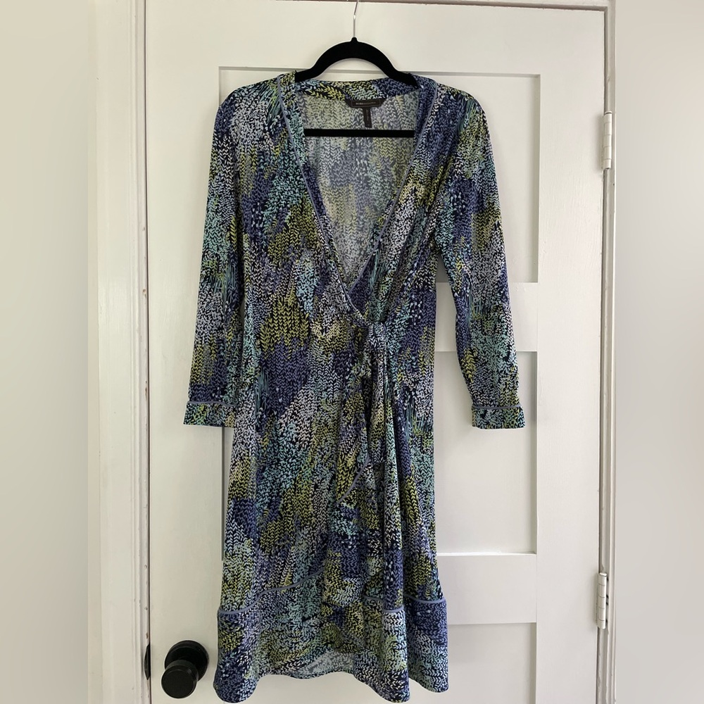 BCBG Multicolor wrap Leaf Print Dress sz M Y2K